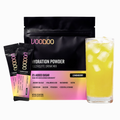 Voodoo Hydration Powder packaging with lemonberry drink mix and a glass of lemonade.