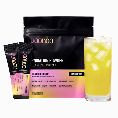 Voodoo Hydration Powder packaging with lemonberry drink mix and a glass of lemonade.