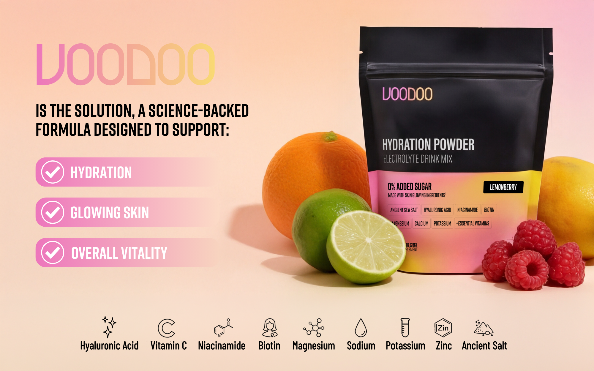 Voodoo hydration powder package with fruits on a pink background
