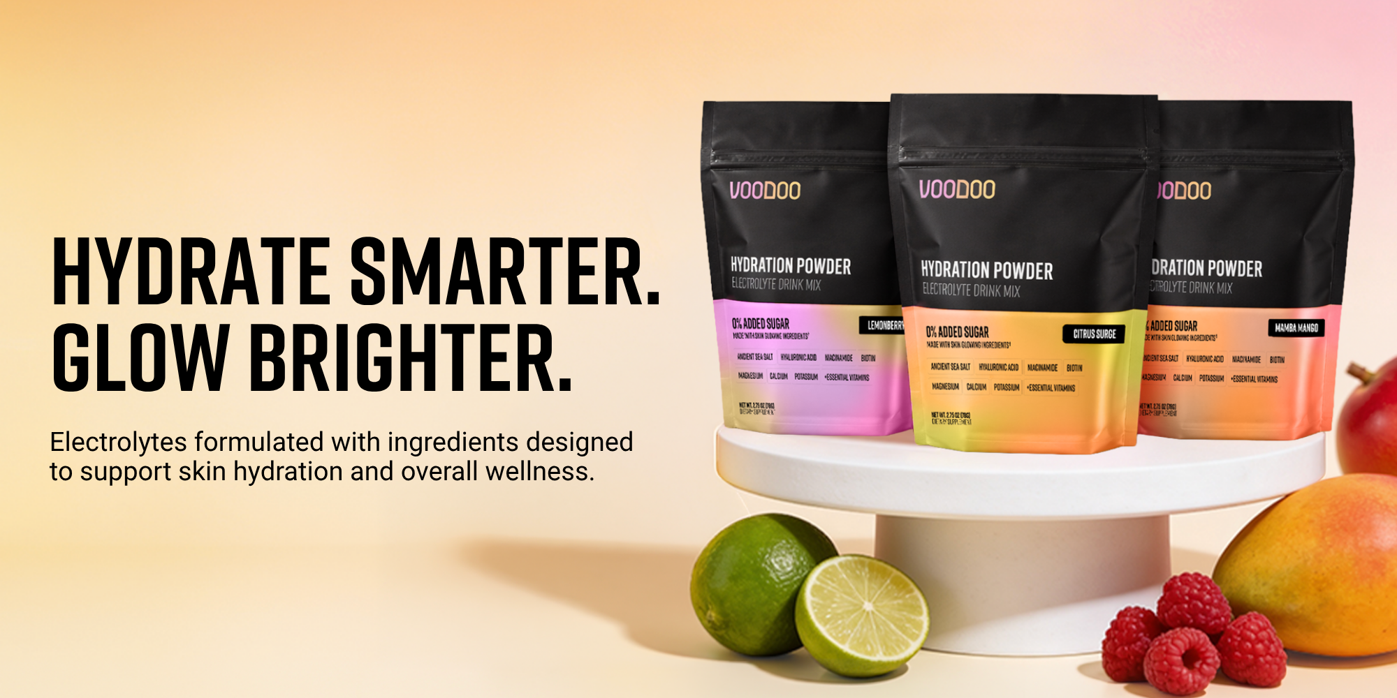 VooDoo hydration powder packages on a stand with fruits and text about electrolyte benefits.