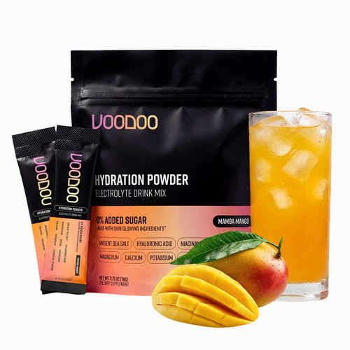 Voodoo Hydration Powder package with mangoes and a glass of mango juice on a white background